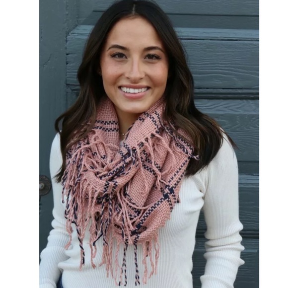 Blush Pink & Navy Plaid Windowpane Infinity Scarf - Picture 1 of 3